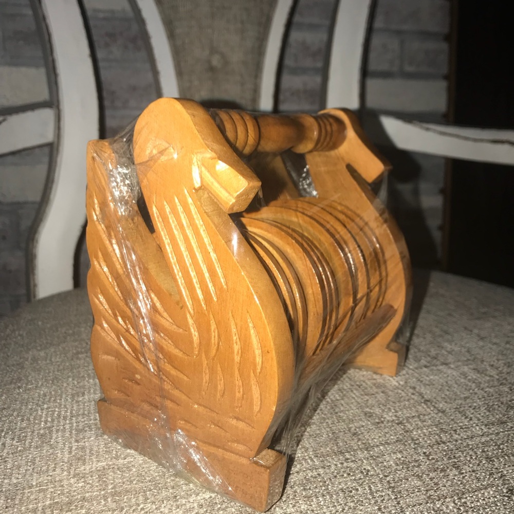 Handmade Wooden swan coaster with its basket